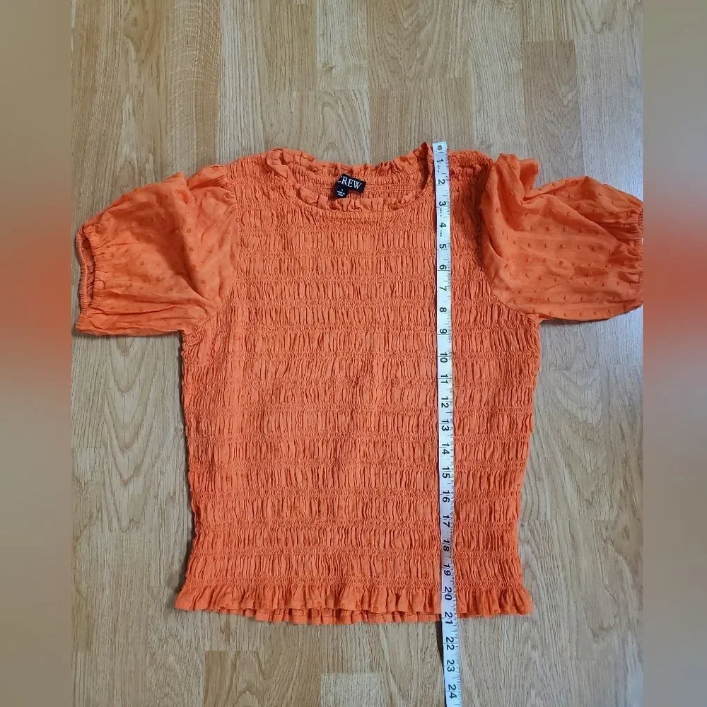 🦋 J.CREW 🦋 Puff-Sleeve Dot Textured Voile Smocked Top - [Small, Orange]